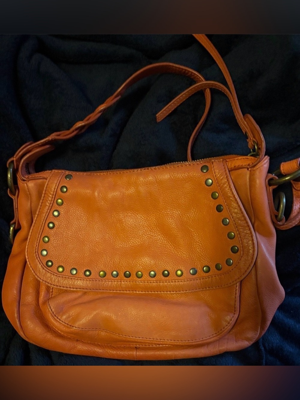 Frye Orangish Farrah  Leather Stud-Trim Shoulder Bag euc!